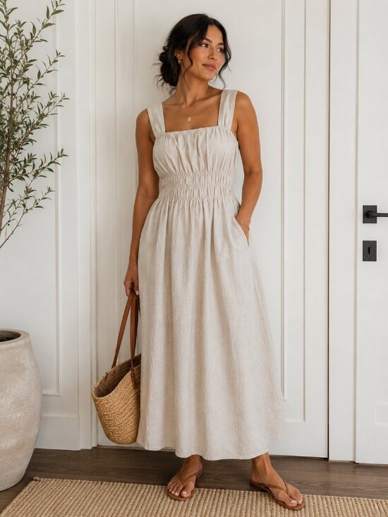 Saks Fifth Avenue Dresses & Skirts - Saks Fifth Avenue 100% Linen Smocked Midi Maxi Dress Pockets Oatmeal Medium